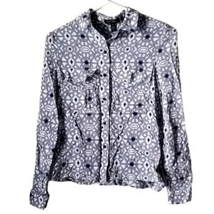 Jessica Simpson Women's Clover Geometric Print Blouse Size XS Gray/Navy